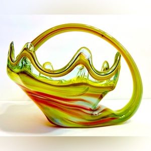 Studio Art Glass 8 Petal Handblown Basket With Handle - Lime Orange And White